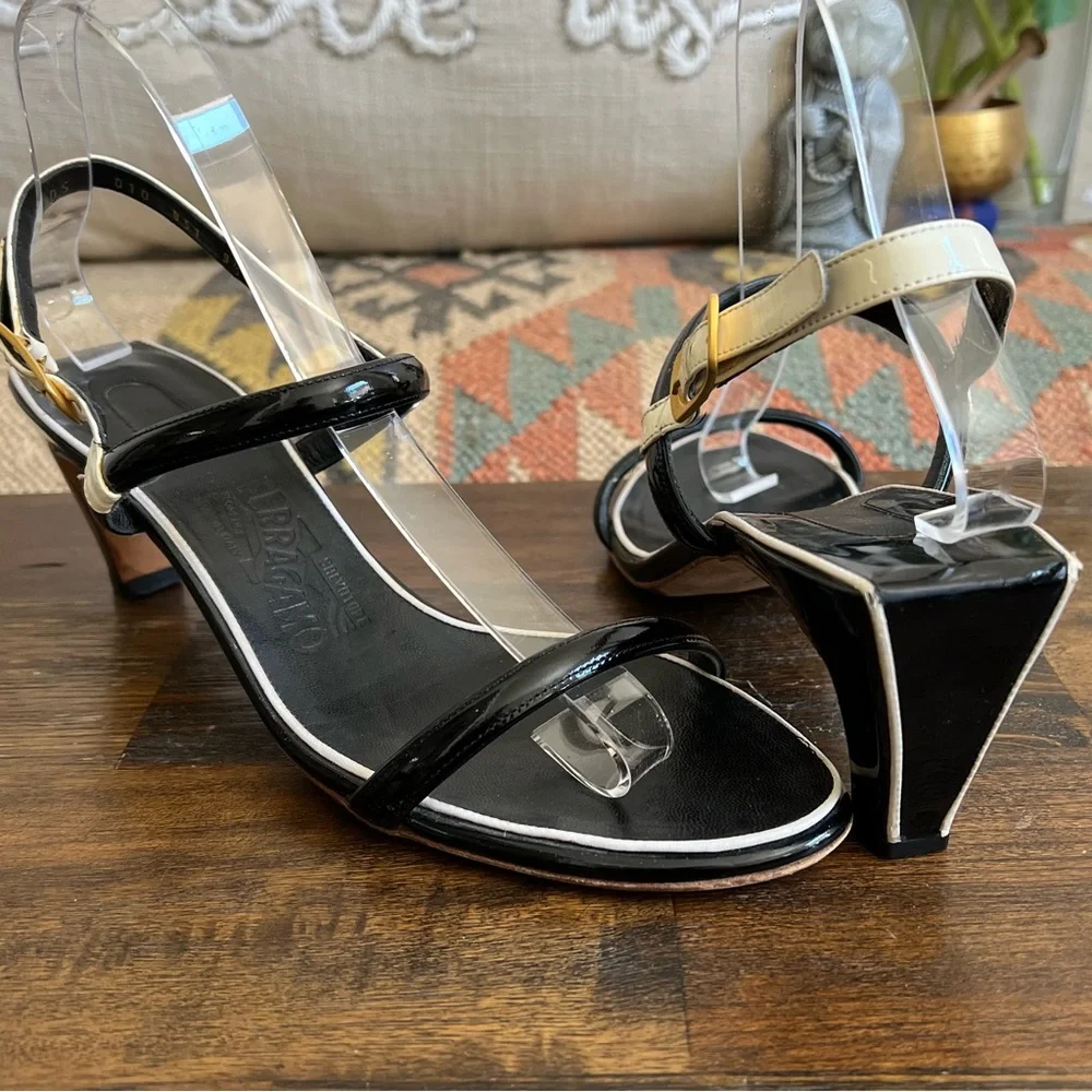 Salvatore Ferragamo Black Leather White Trim Strappy Slingback Sandals 9.5B